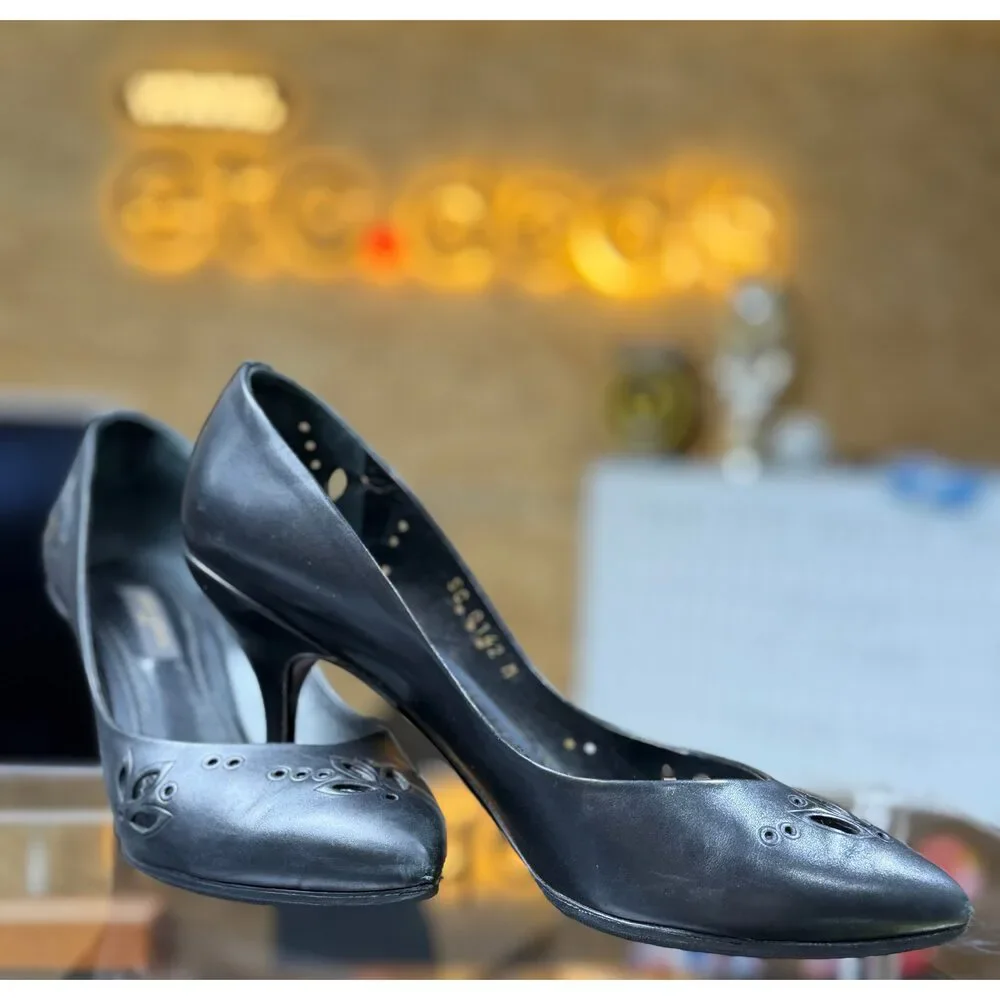 Louis Vuitton Frivolous Black Glazed Leather Perforated Pointed Toe Pumps Heels